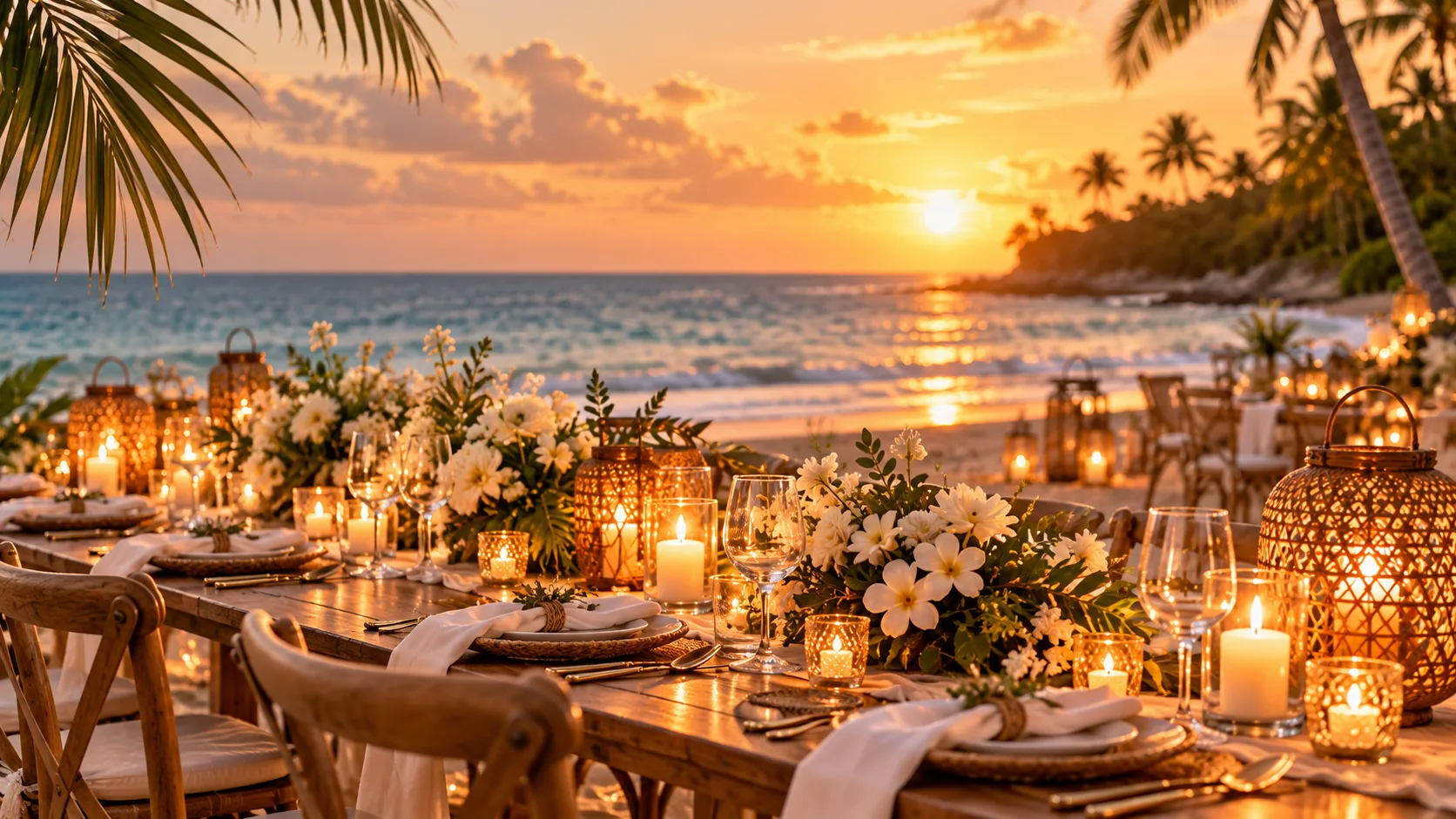 Mesa de boda iluminada con velas junto al mar al atardecer
